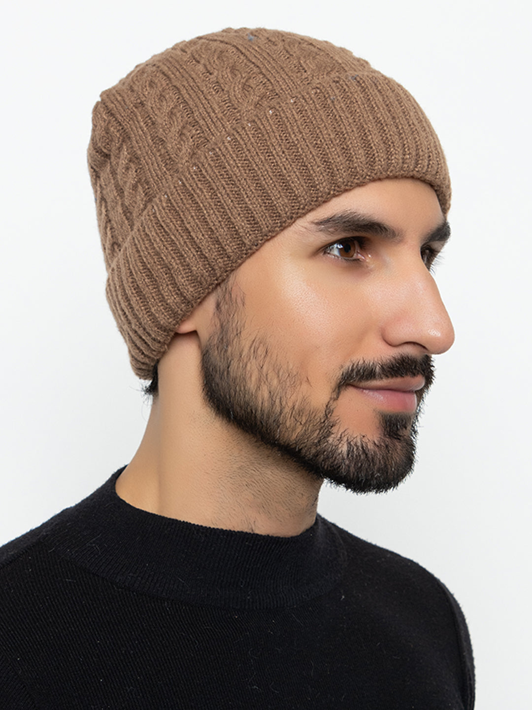 Unisex Woolen Self-Design Fur-lining beanie cap- Brown | Amoldo