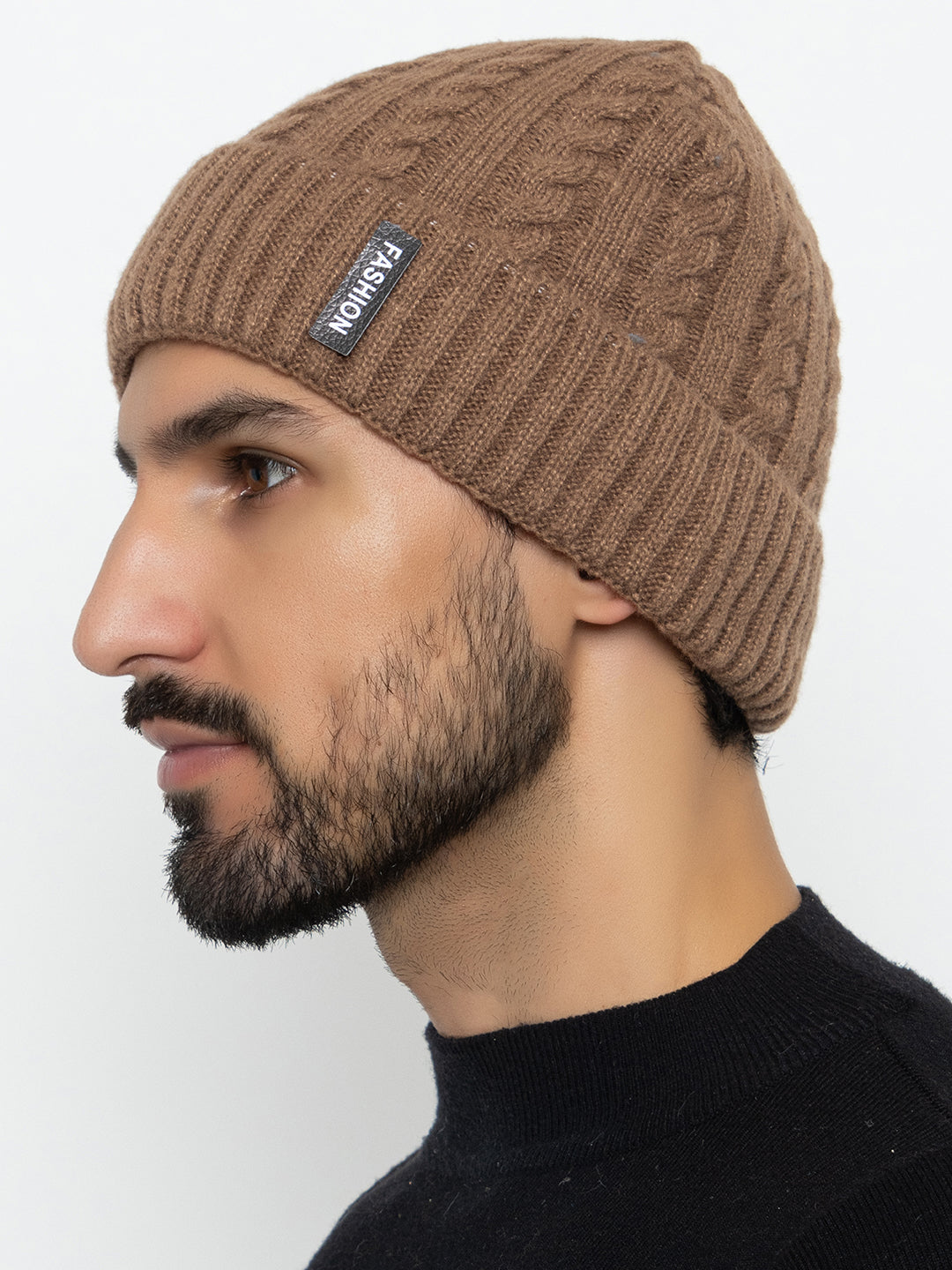 Unisex Woolen Self-Design Fur-lining beanie cap- Brown | Amoldo