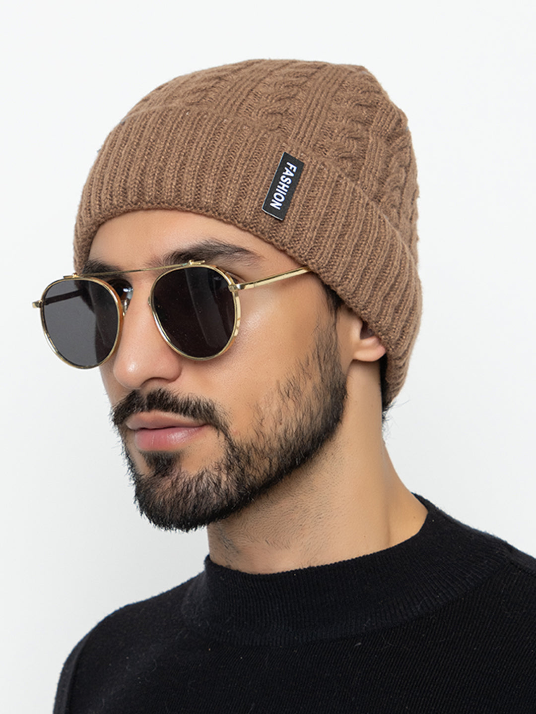 Unisex Woolen Self-Design Fur-lining beanie cap- Brown | Amoldo