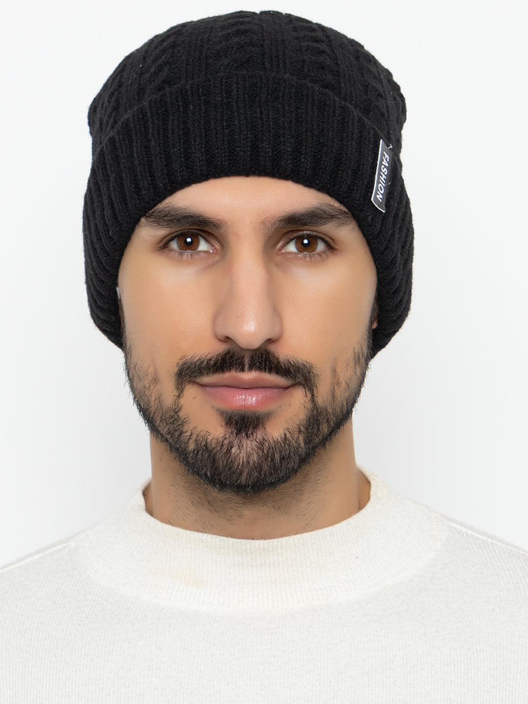 Unisex Woolen Self-Design Fur-lining beanie cap- Black | Amoldo