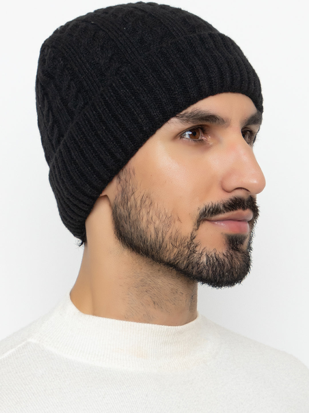 Unisex Woolen Self-Design Fur-lining beanie cap- Black | Amoldo