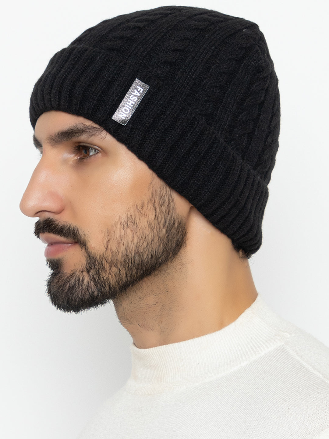 Unisex Woolen Self-Design Fur-lining beanie cap- Black | Amoldo