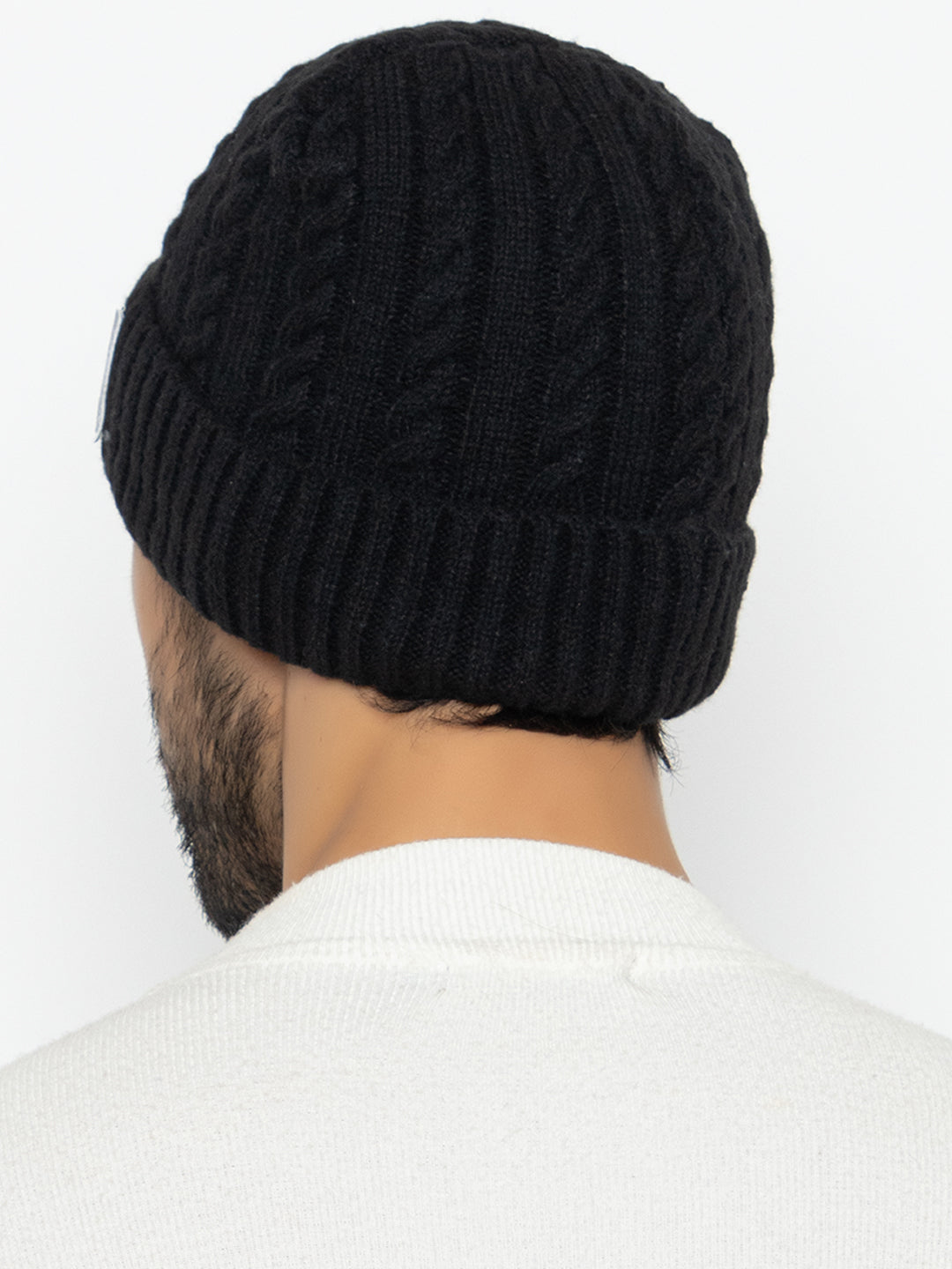 Unisex Woolen Self-Design Fur-lining beanie cap- Black | Amoldo