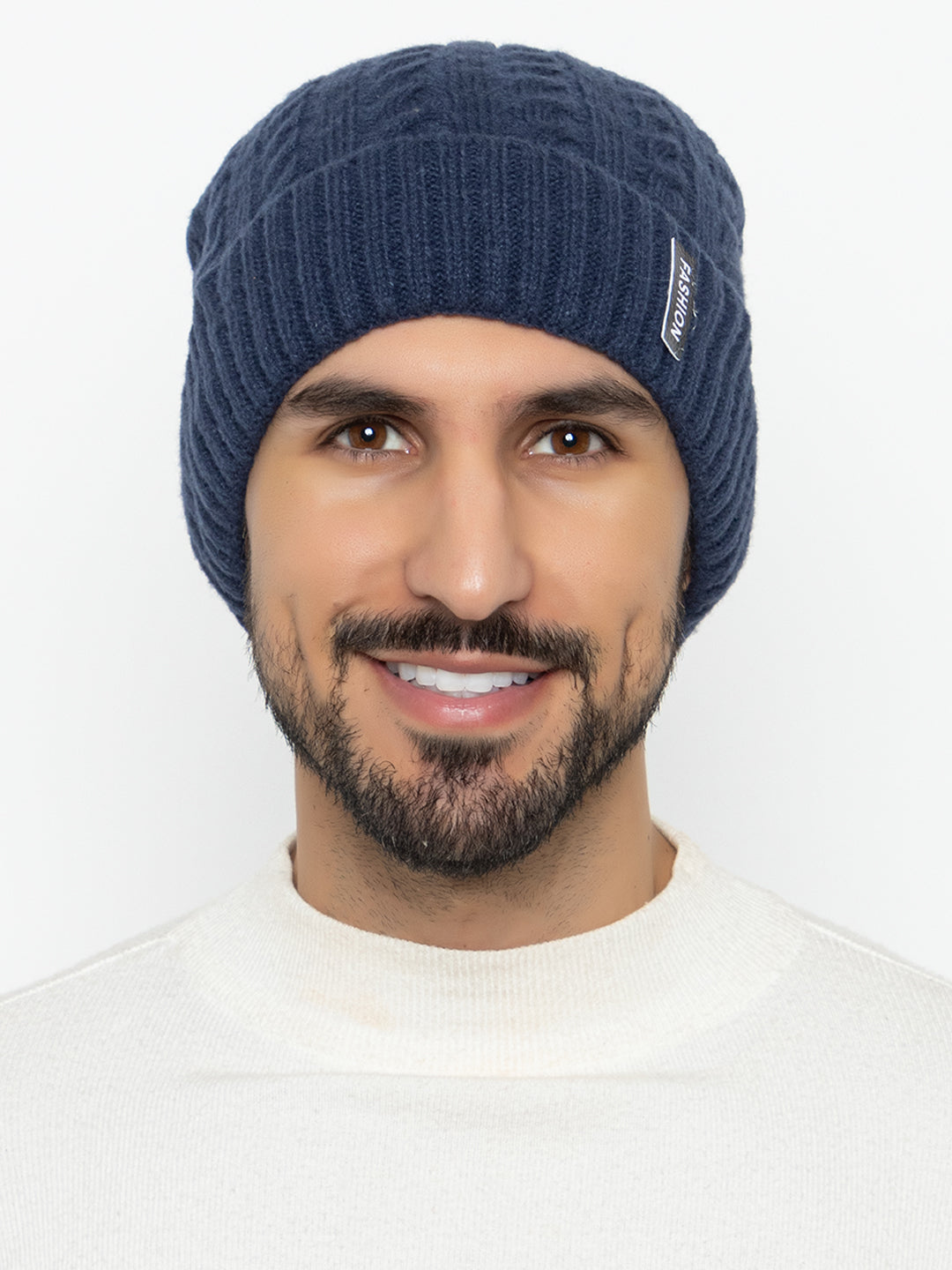 Unisex Woolen Self-Design Fur-lining beanie cap- Navy | Amoldo