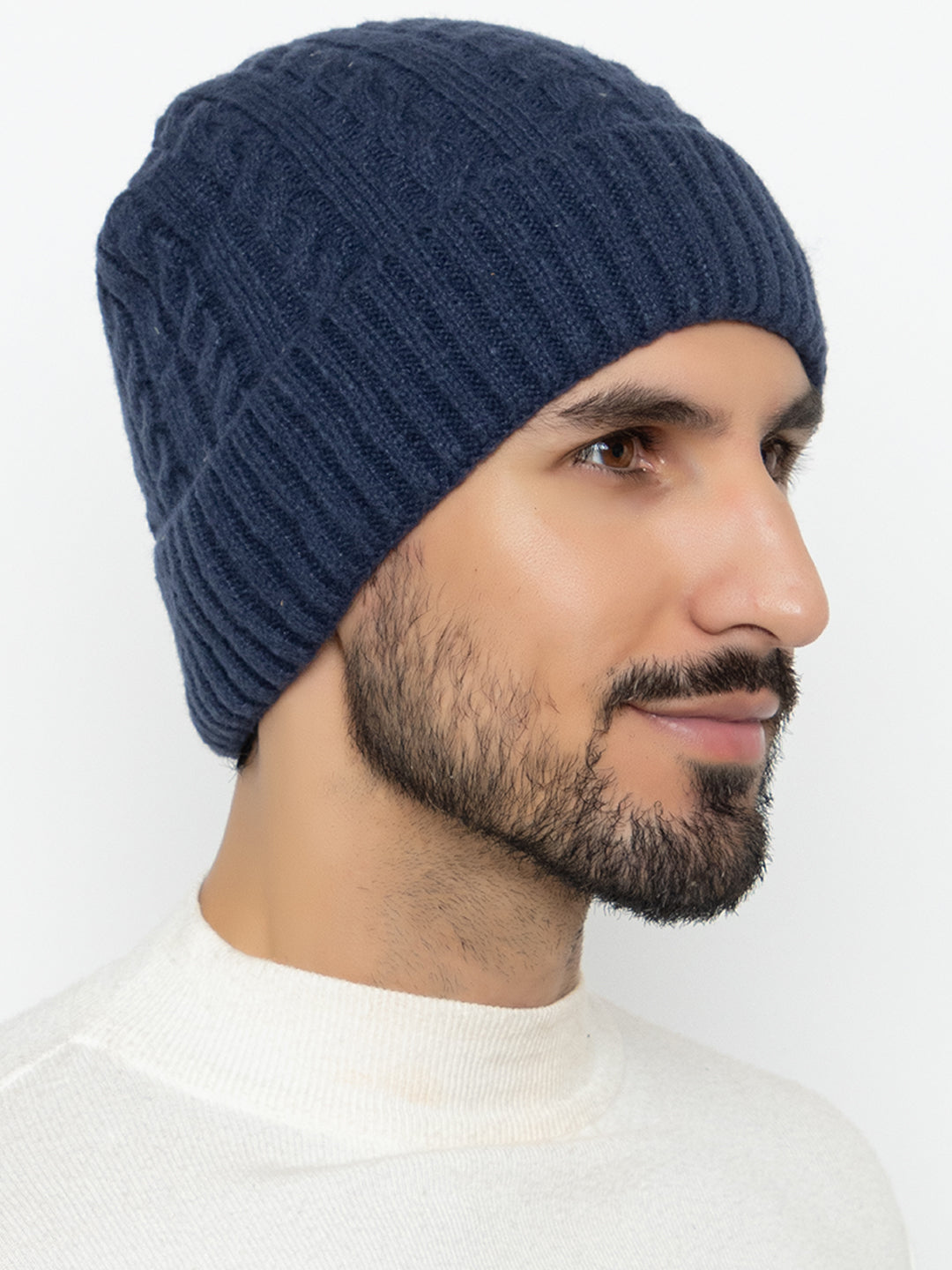 Unisex Woolen Self-Design Fur-lining beanie cap- Navy | Amoldo