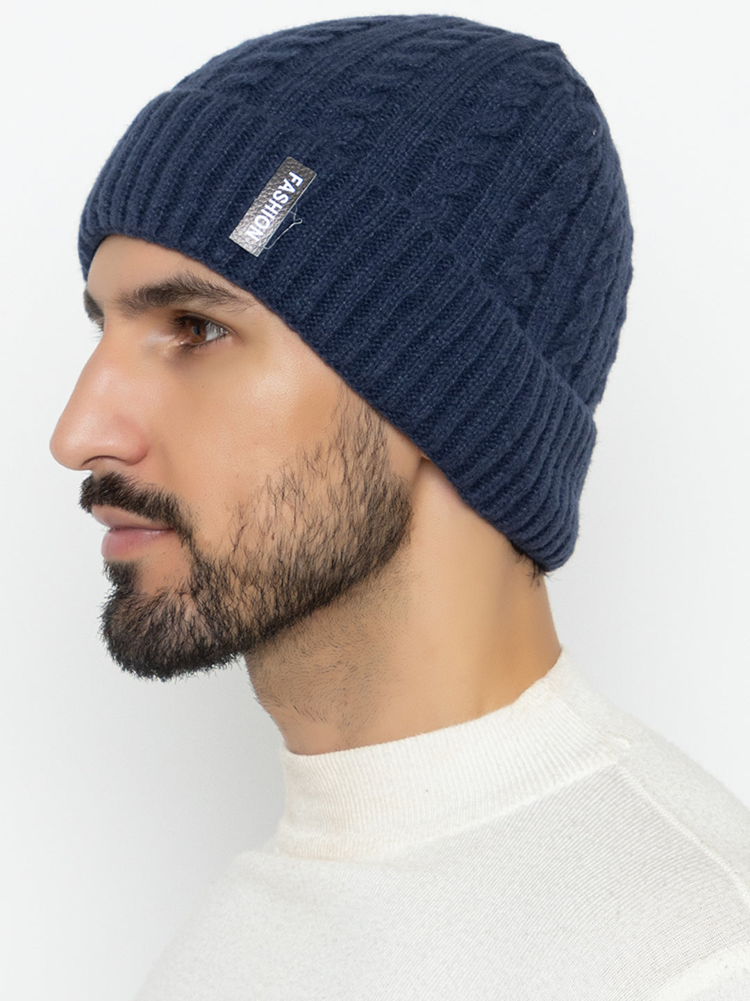 Unisex Woolen Self-Design Fur-lining beanie cap- Navy | Amoldo