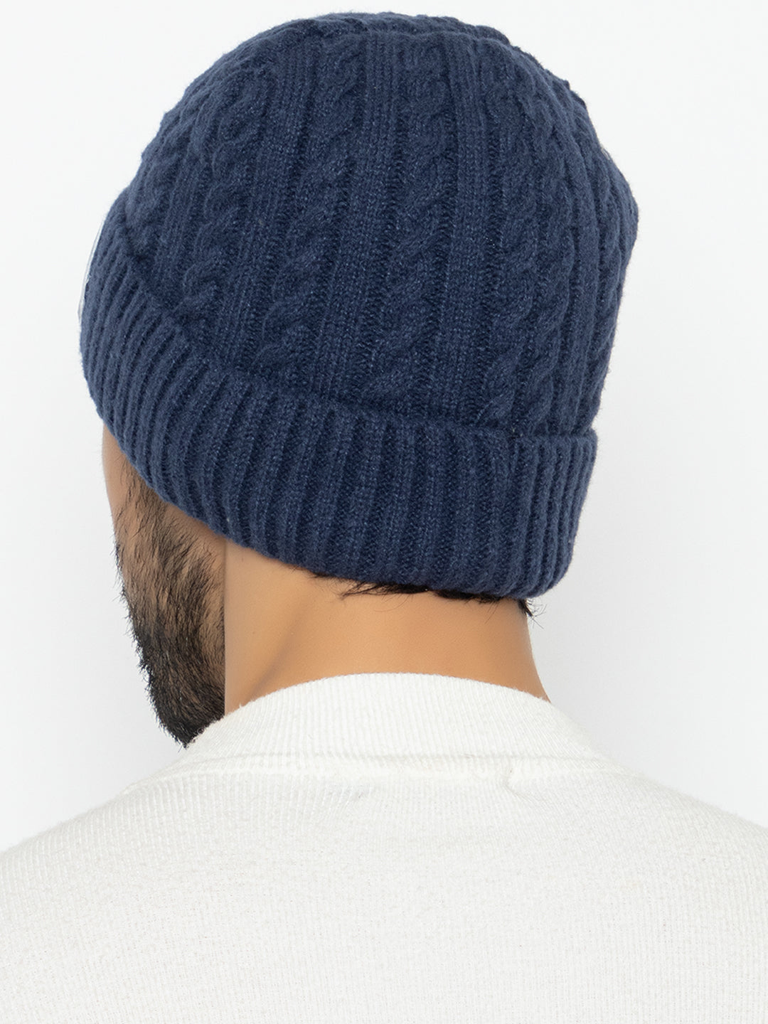 Unisex Woolen Self-Design Fur-lining beanie cap- Navy | Amoldo