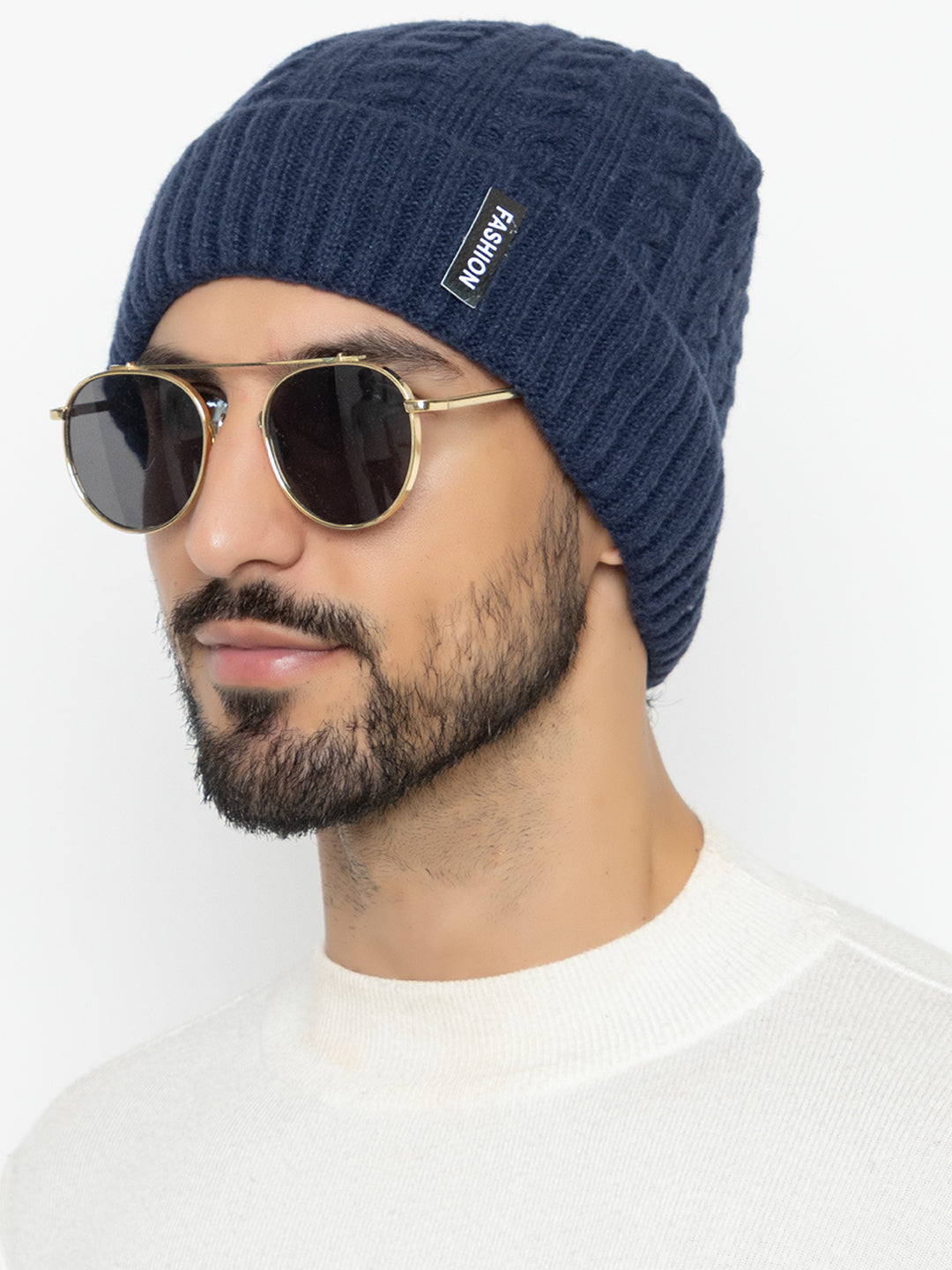 Unisex Woolen Self-Design Fur-lining beanie cap- Navy | Amoldo