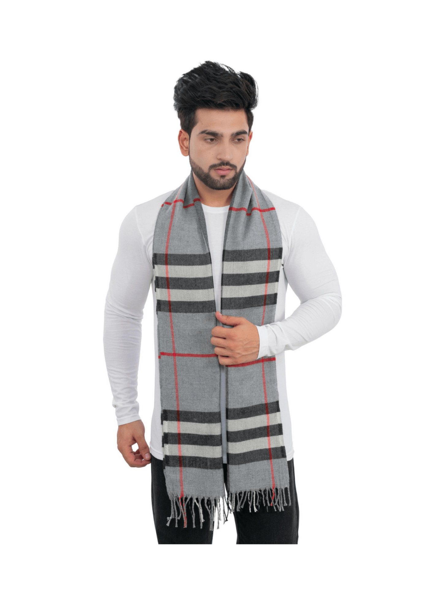 Woolen Striped Check Muffler- Light Grey | Amoldo