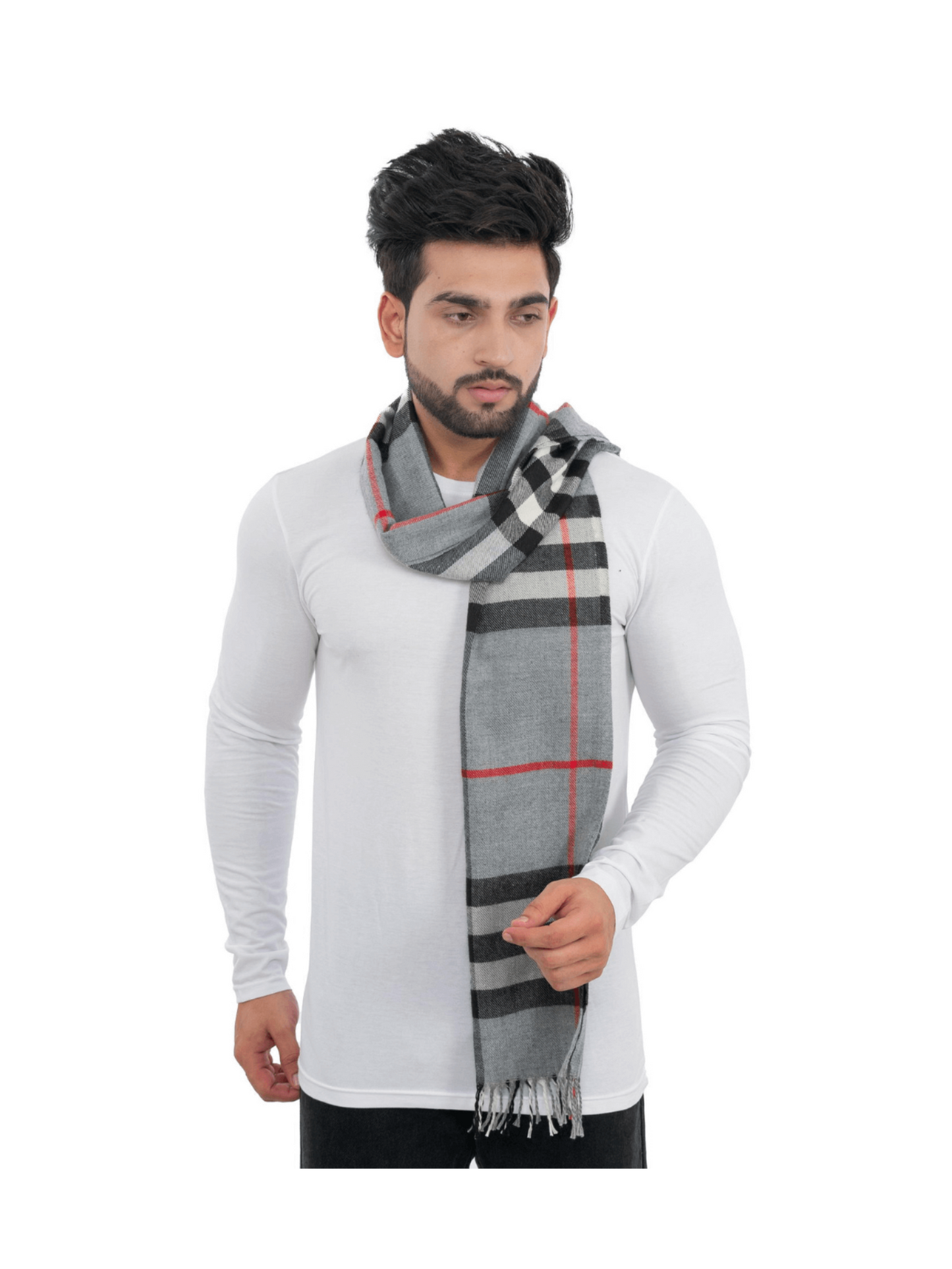 Woolen Striped Check Muffler- Light Grey | Amoldo