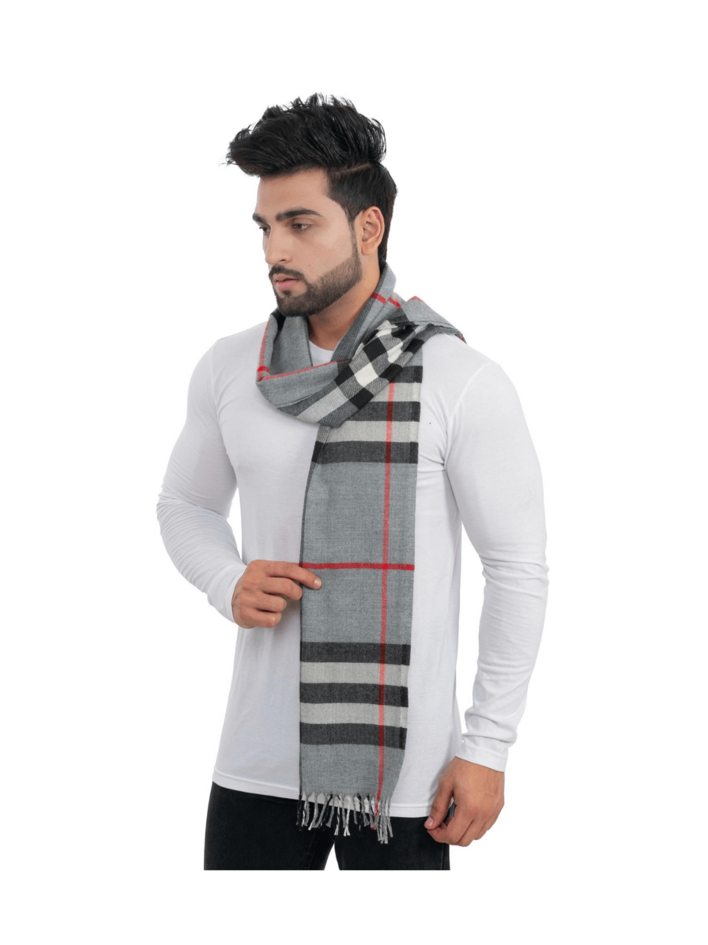 Woolen Striped Check Muffler- Light Grey | Amoldo