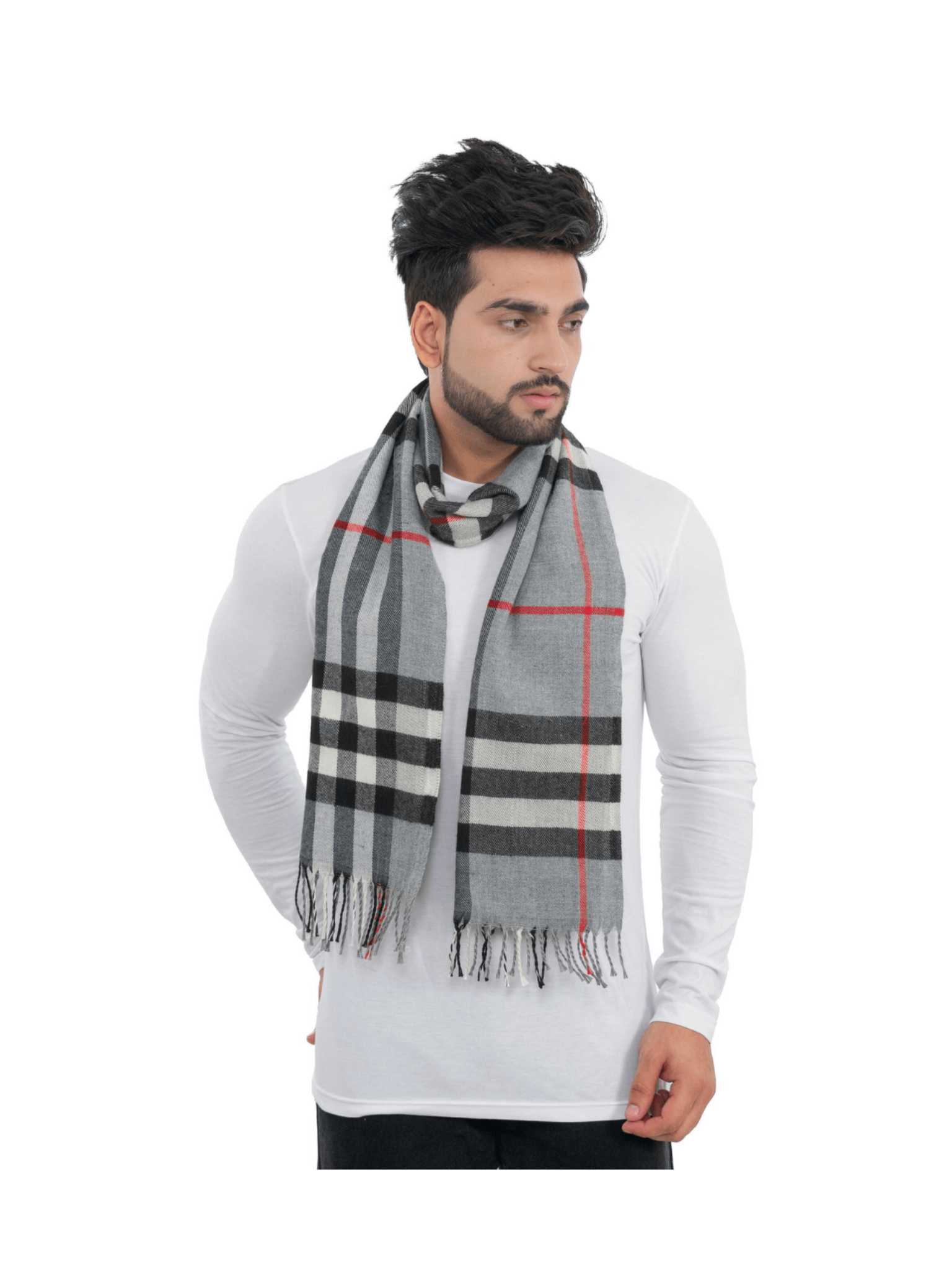Woolen Striped Check Muffler- Light Grey | Amoldo