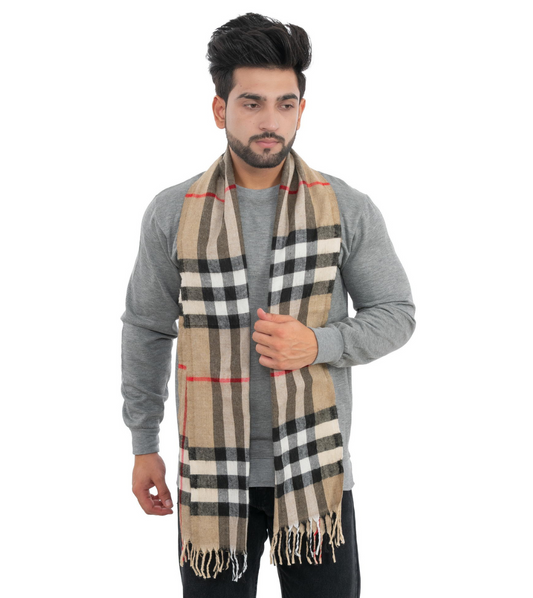 Woolen Striped Check Muffler- Beige | Amoldo