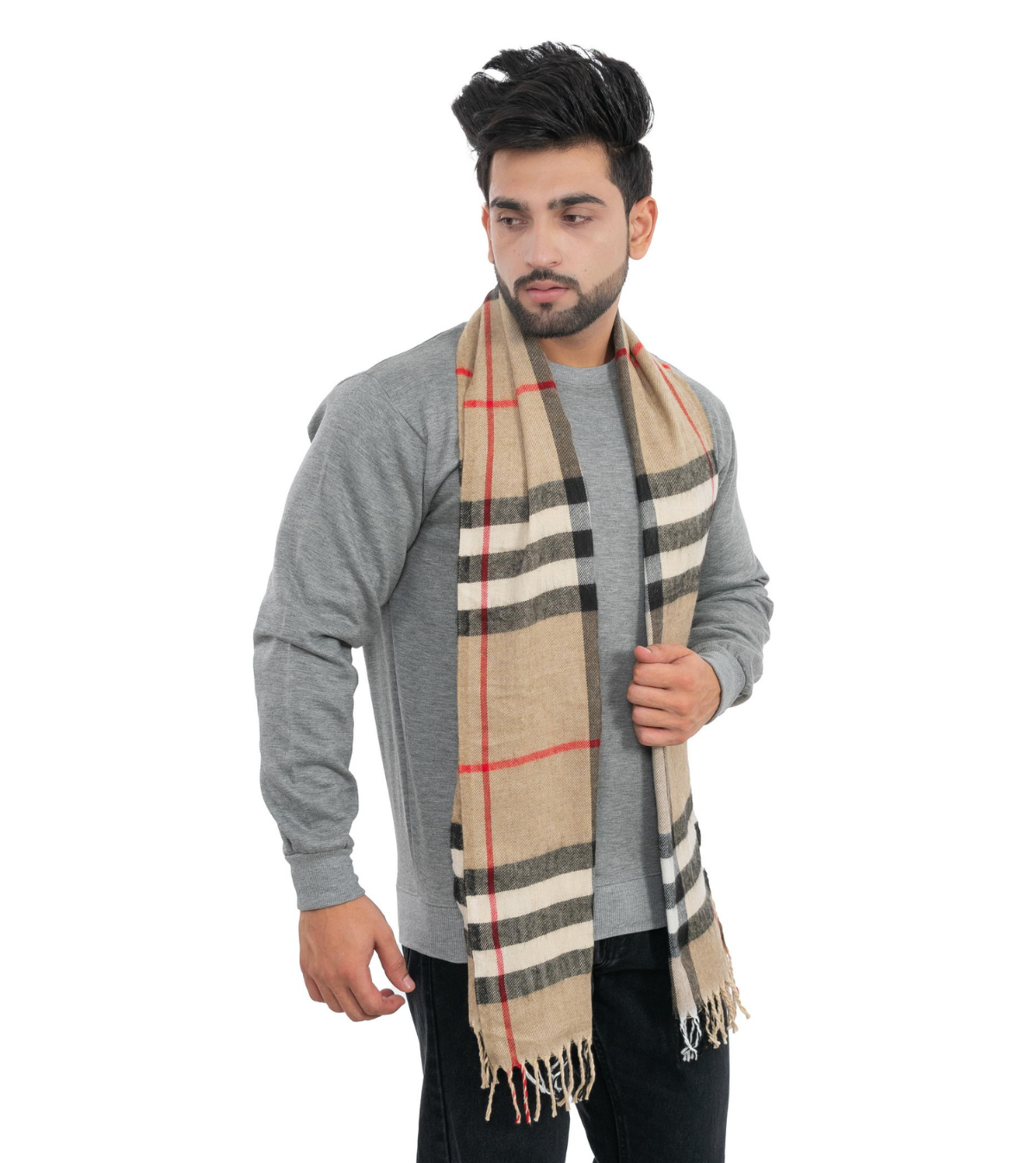 Woolen Striped Check Muffler- Beige | Amoldo