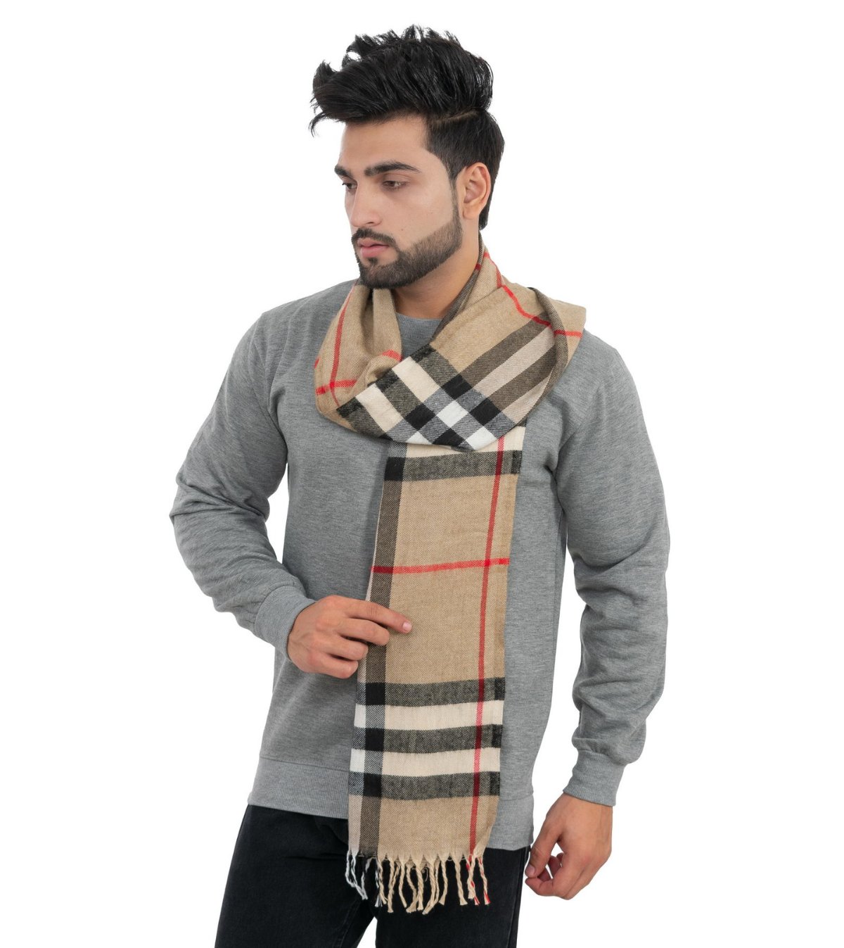 Woolen Striped Check Muffler- Beige | Amoldo