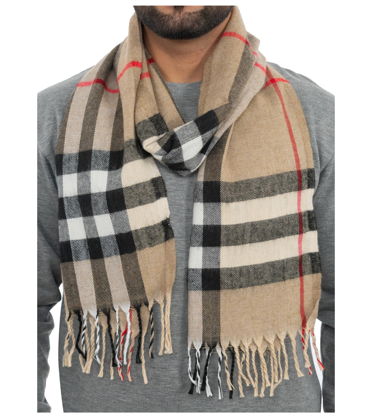 Woolen Striped Check Muffler- Beige | Amoldo