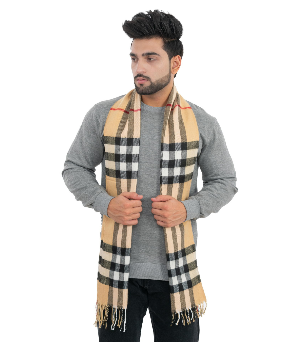 Woolen Striped Check Muffler- Cream | Amoldo