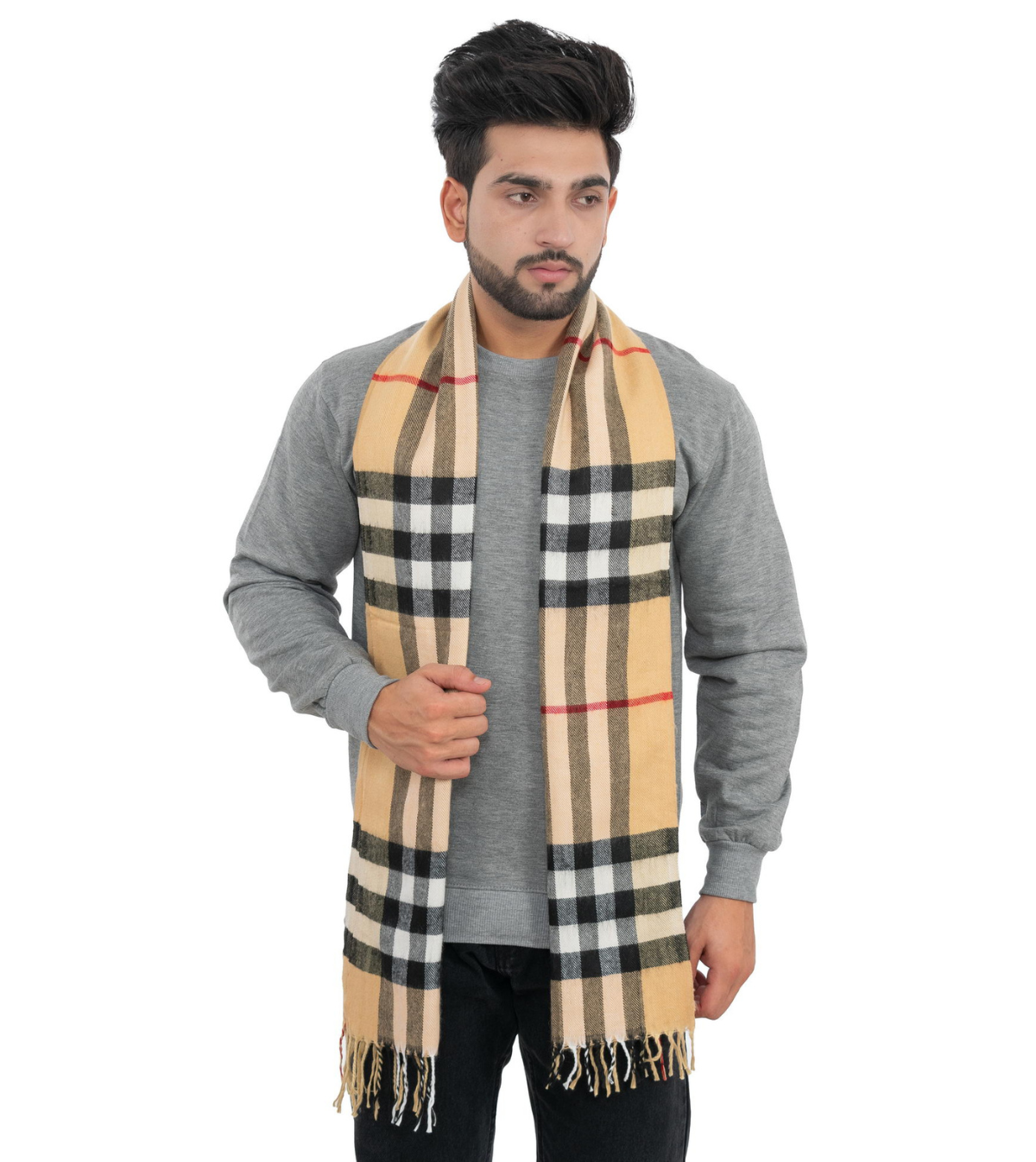 Woolen Striped Check Muffler- Cream | Amoldo