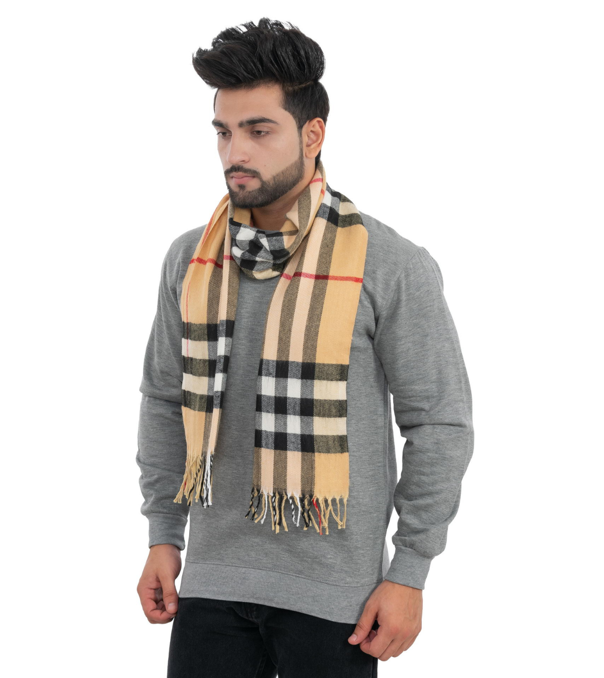 Woolen Striped Check Muffler- Cream | Amoldo